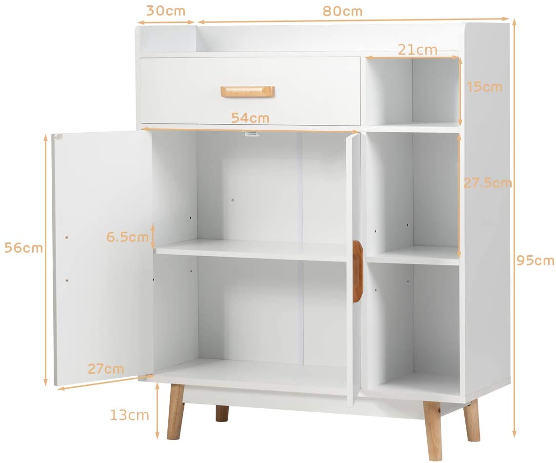 Freestanding Wooden Bookcase with Drawer and Adjustable Shelves