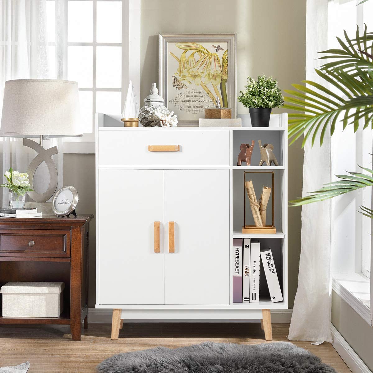 Freestanding Wooden Bookcase with Drawer and Adjustable Shelves