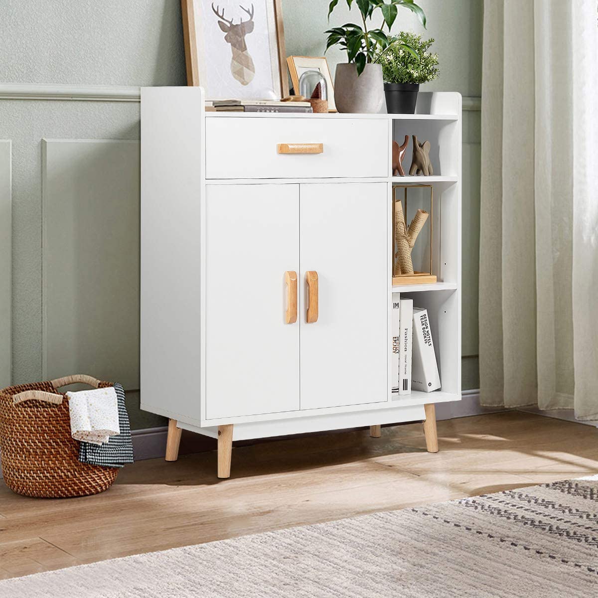 Freestanding Wooden Bookcase with Drawer and Adjustable Shelves