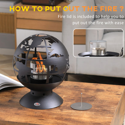 HOMCOM Globe Shape Tabletop Fireplace, Portable Metal Bioethanol Fireplace with Lid and 0.4L Tank, 1.5 Hour Burning Time for Liquid Alcohol, Black