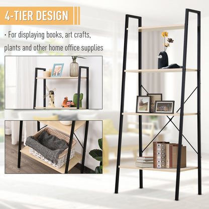 HOMCOM 4-Tier Vintage Ladder Shelf Bookcase Wood Storage Rack Stand Plants Display Black natural