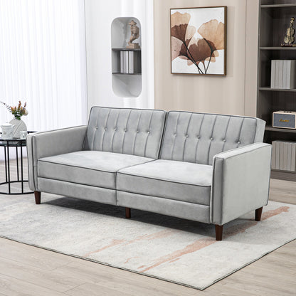 HOMCOM Modern Convertible Sofa Futon Velvet-Touch Tufted Couch Compact Loveseat with Adjustable Split Back, Light Grey