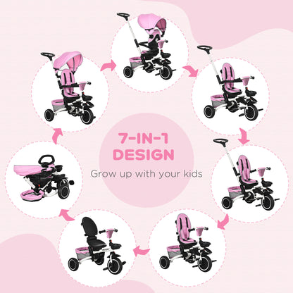 HOMCOM 7-in-1 Tricycle for Kids, Baby Trike with Rotatable Seat, Adjustable Push Handle Safety Harness Detachable Canopy Semi-reclining Footrest Pink