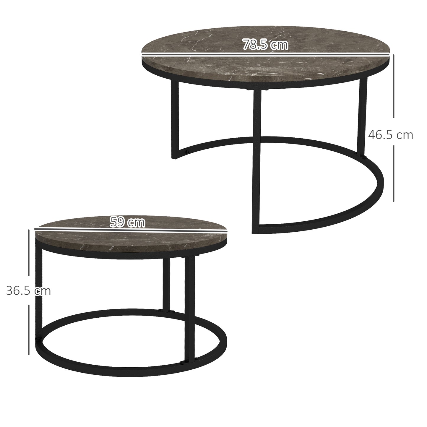 HOMCOM Industrial Nesting Coffee Table Set of 2, Round Coffee Tables, Living Room Table with Faux Marbled Top and Steel Frame