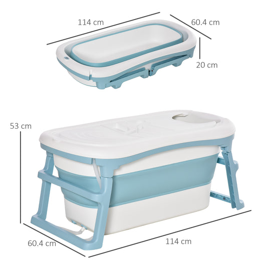 HOMCOM Folding Baby Bath Tub for Toddlers Kids Portable with Non-Slip Pads Top Cover for 1-12 Years Blue