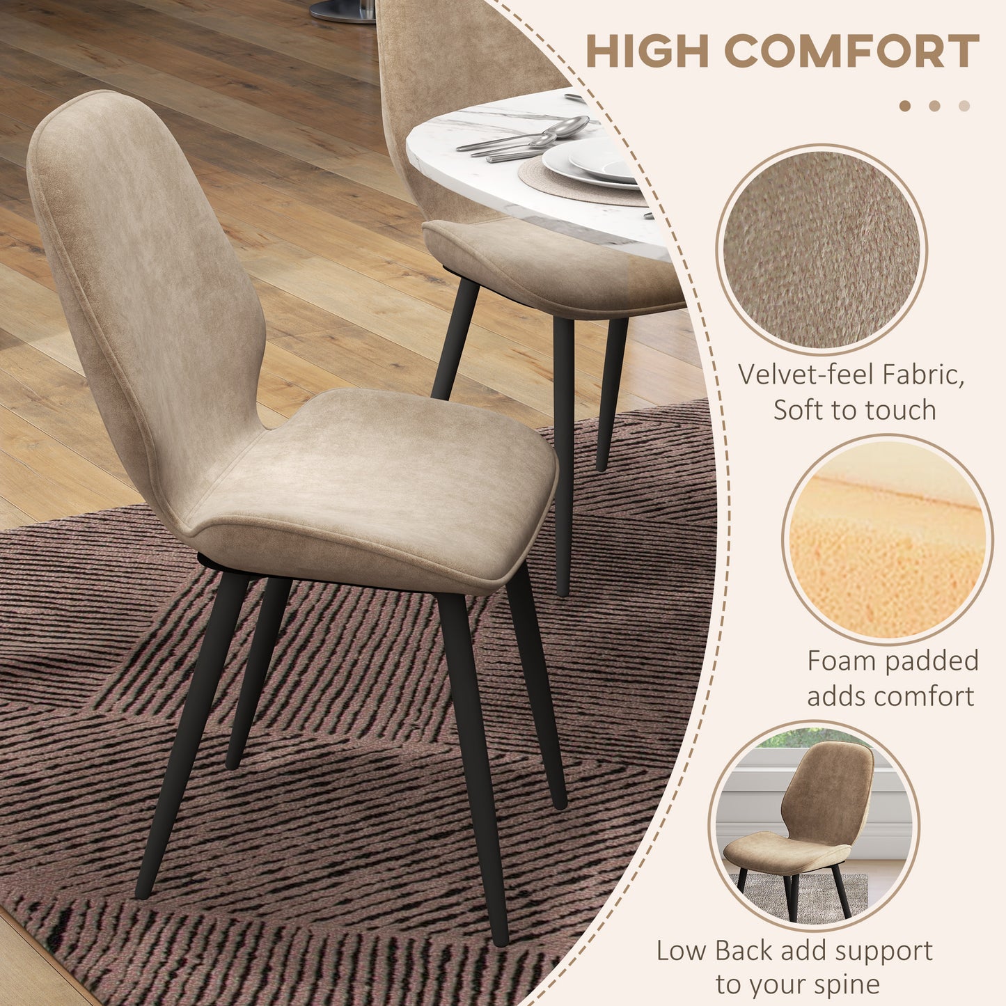 HOMCOM Velvet Dining Chairs, Set of 2 Dining Room Chairs with Metal Legs for Living Room, Dining Room, Light Brown