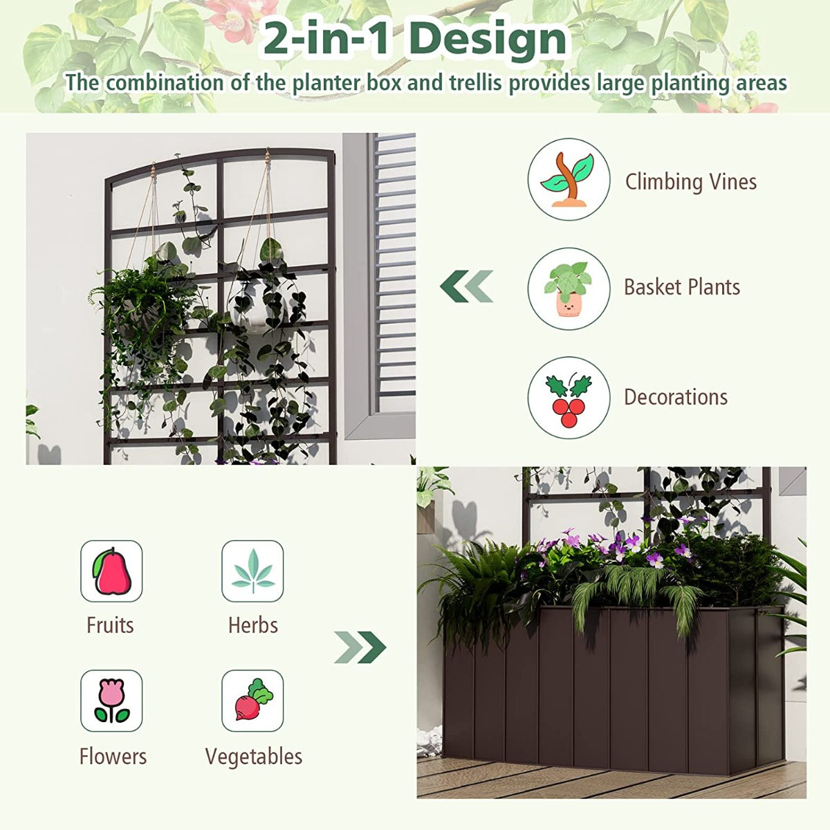 Metal Raised Garden Bed Elevated Garden Planter Box with Trellis