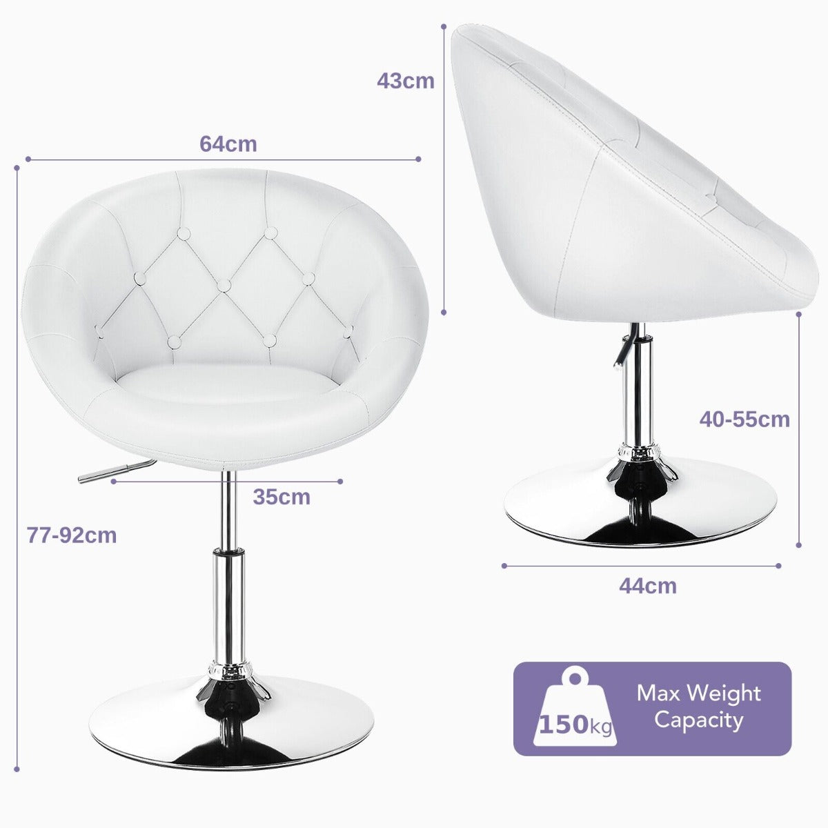 Adjustable Bar Stool PU Leather 360° Swivel Vanity Chair-White