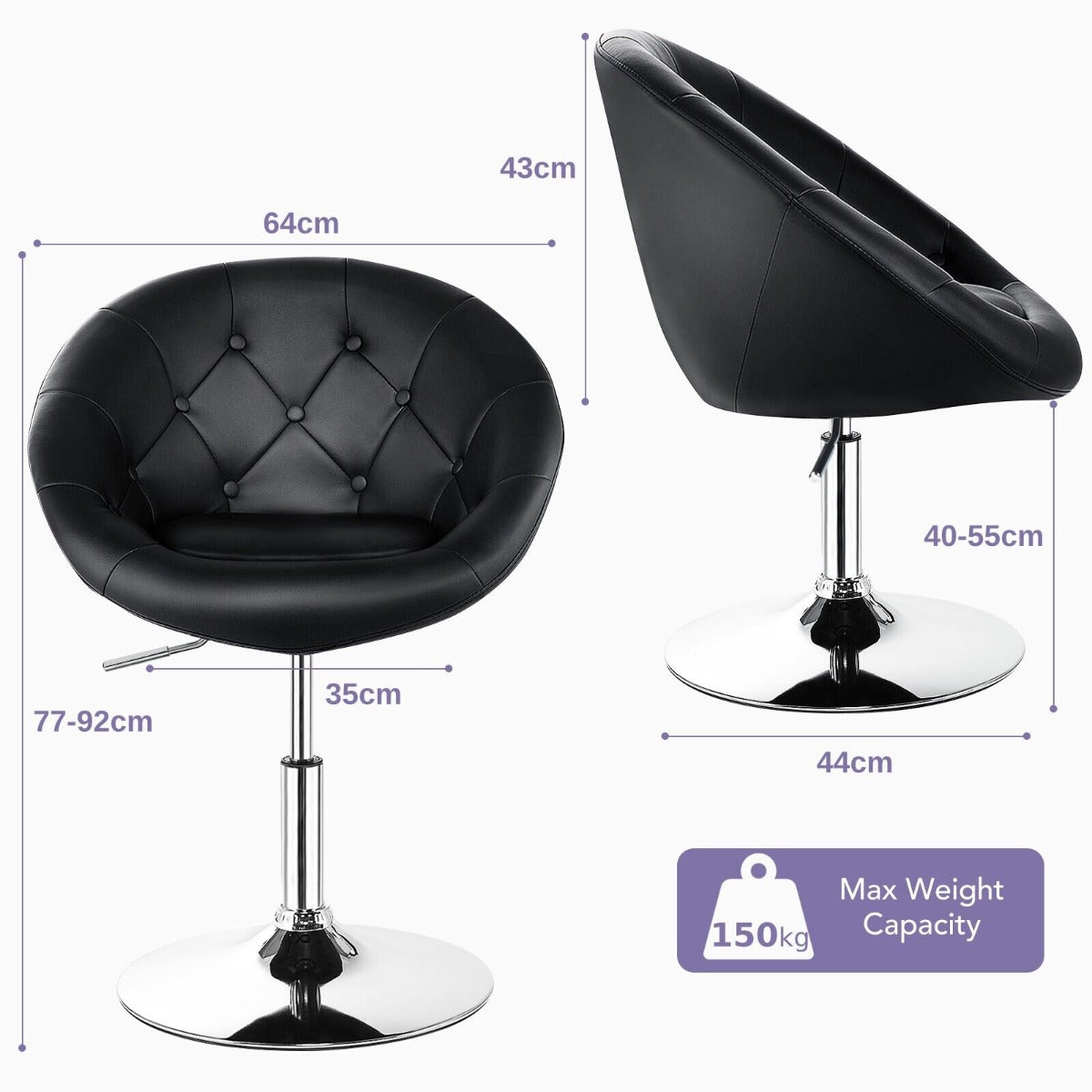 Adjustable Bar Stool PU Leather 360° Swivel Vanity Chair-Black