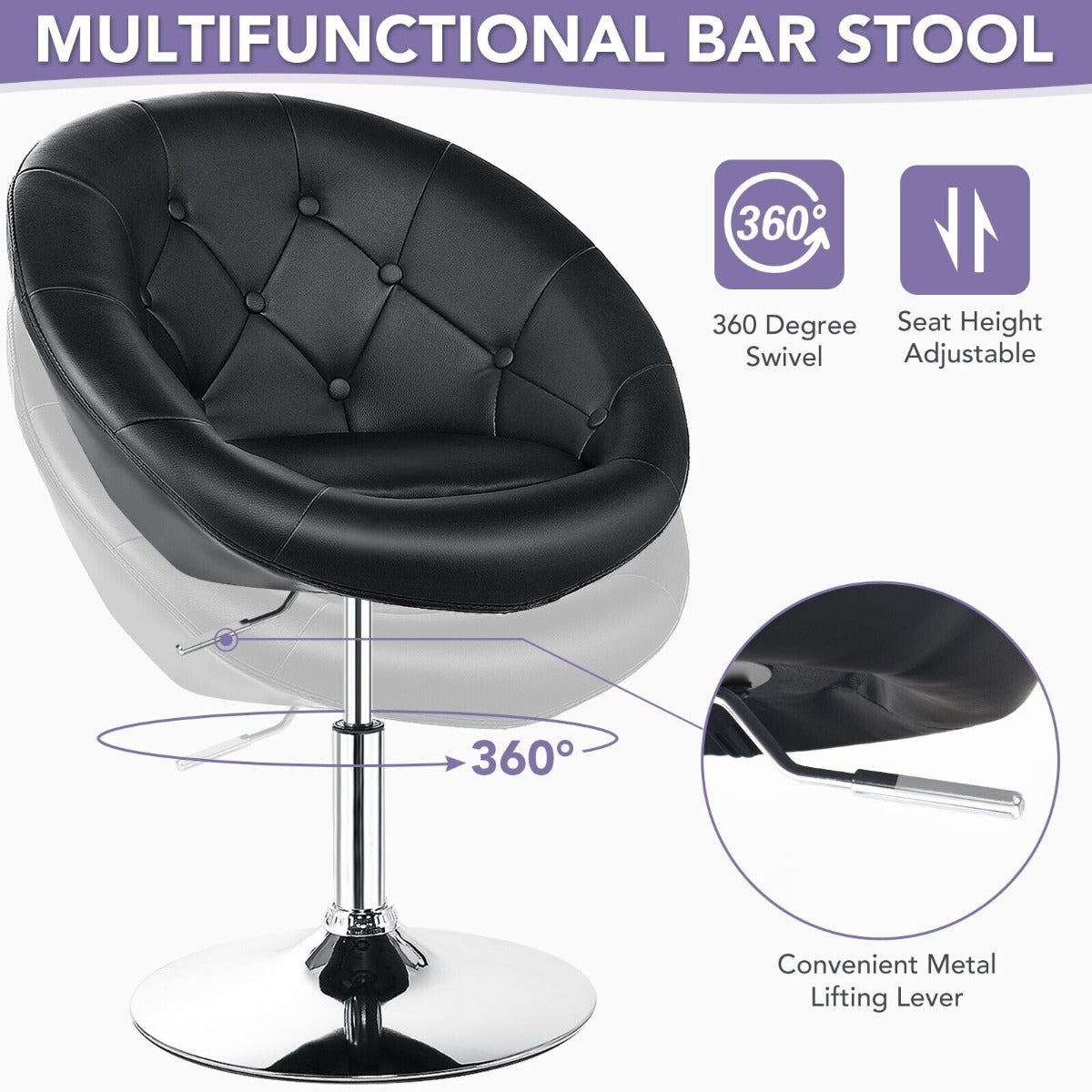 Adjustable Bar Stool PU Leather 360° Swivel Vanity Chair-Black