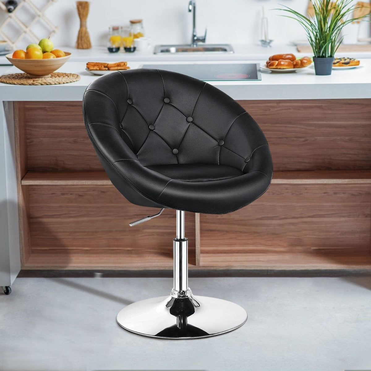 Adjustable Bar Stool PU Leather 360° Swivel Vanity Chair-Black