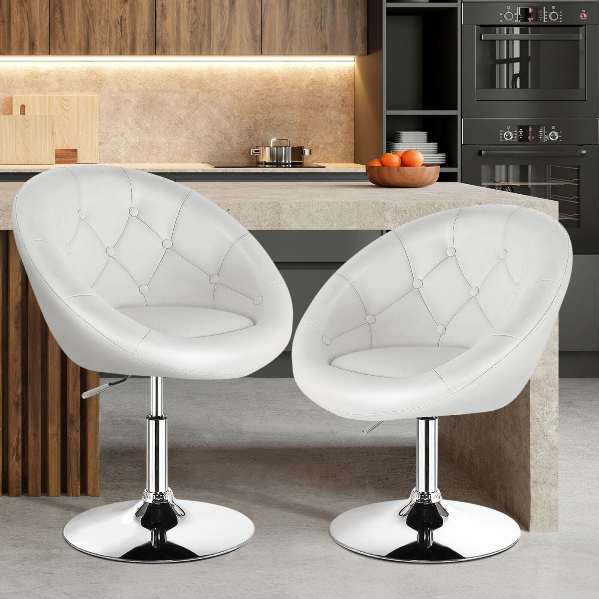 Adjustable Bar Stool PU Leather 360° Swivel Vanity Chair-White