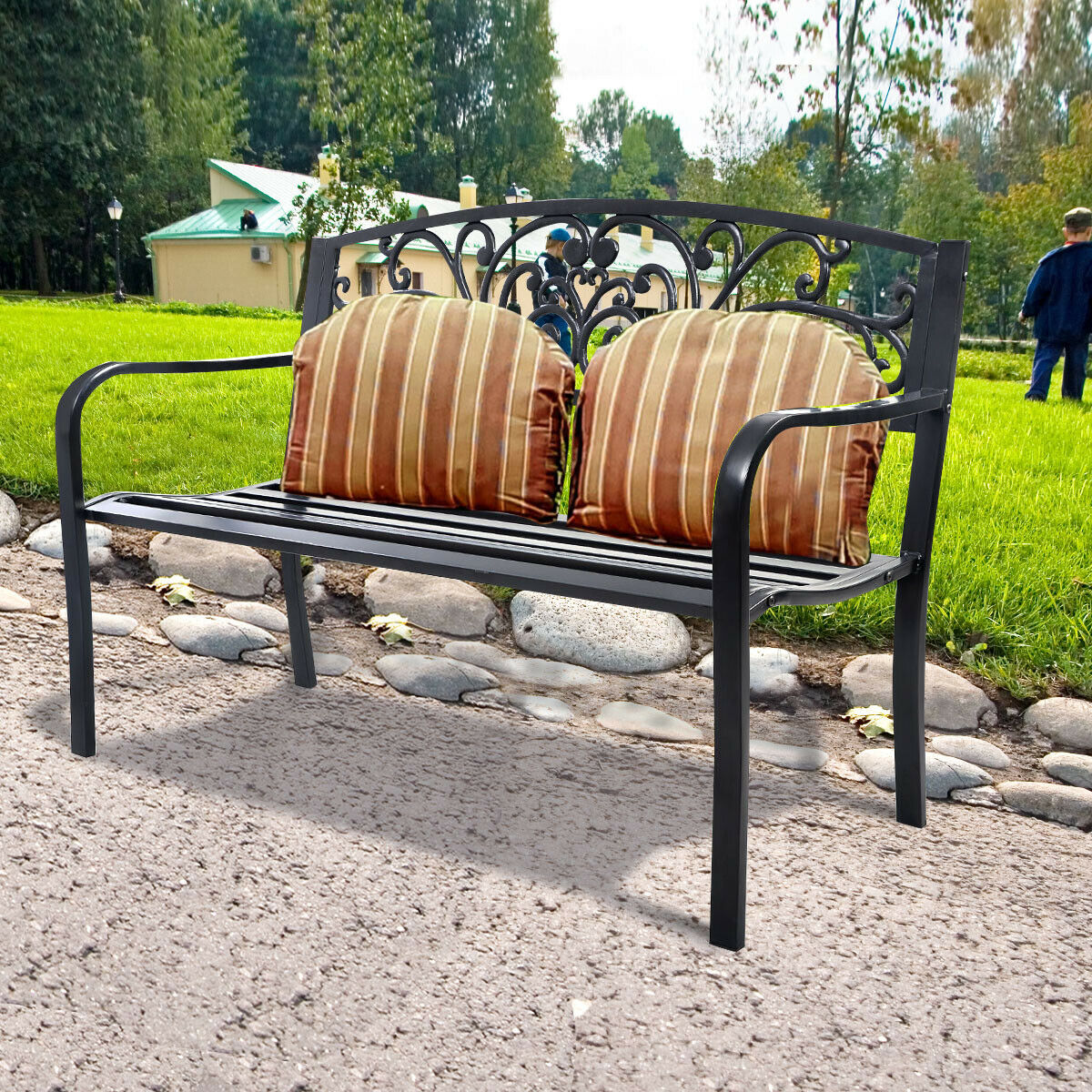 Patio Garden Bench with Steel Cast Iron Frame