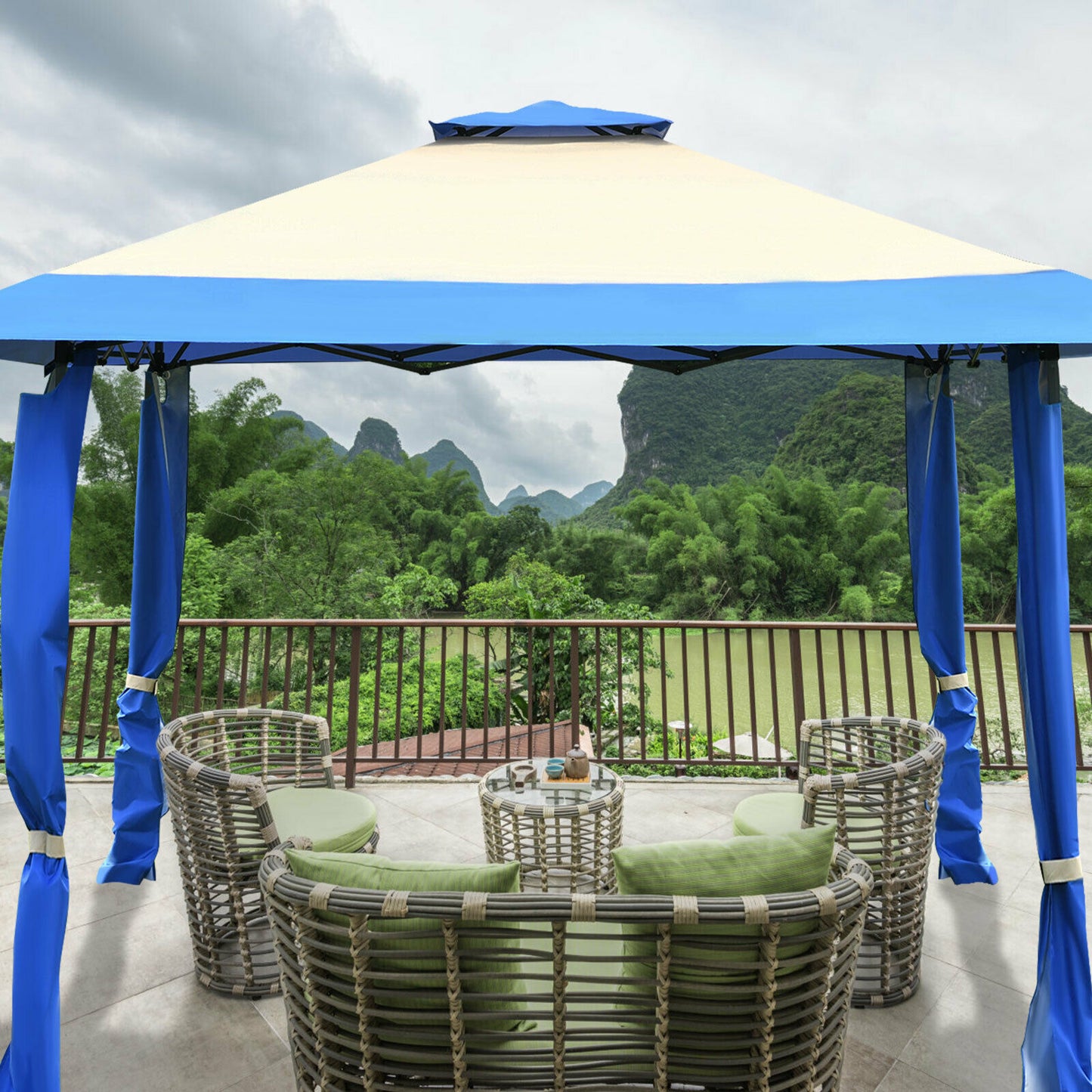 Large Adjustable Height Gazebo Canopy Patio Shelter-Blue