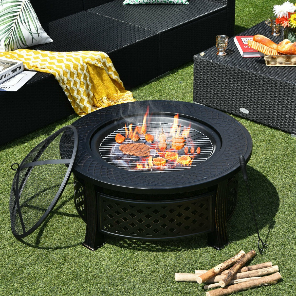 3 in 1 Round Fire Pit Set with BBQ Grill and Rain Cover for Outdoor