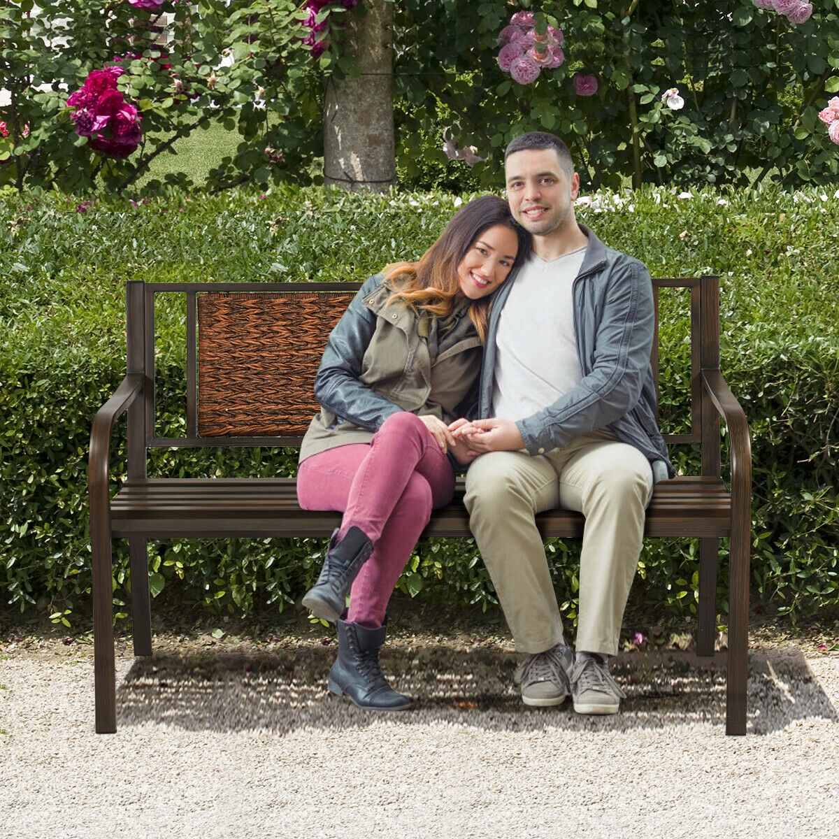 Metal Garden Bench with Rattan Styling Backrest