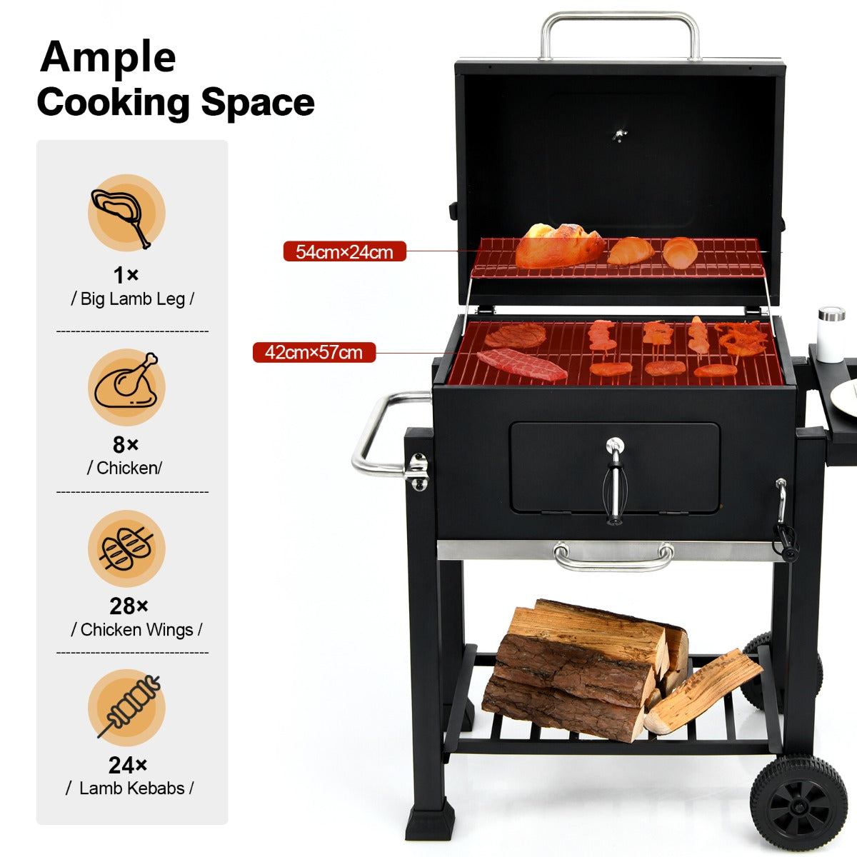 Portable Charcoal BBQ on Wheels with Side Table for Camping