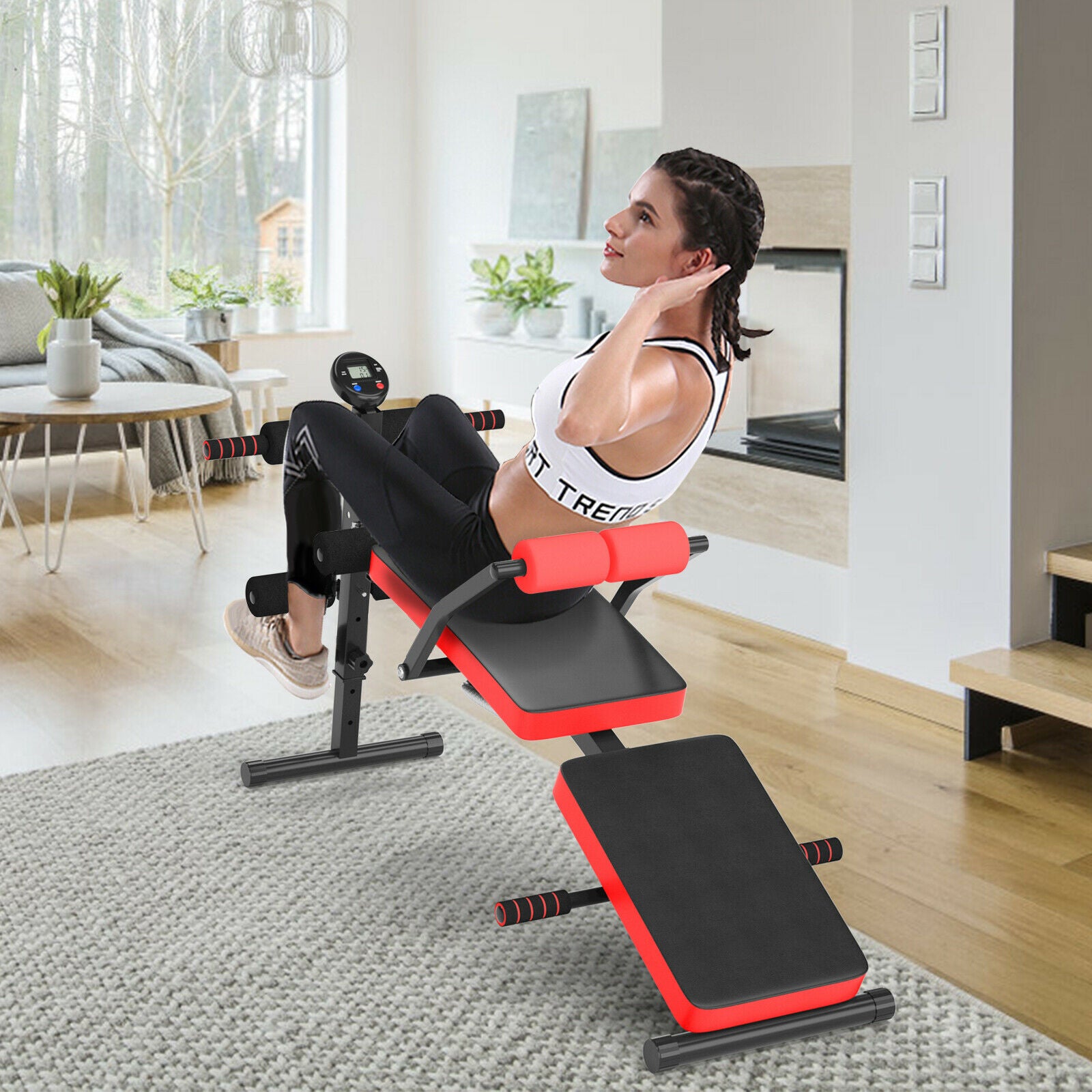 Multi Workout Weight Bench, Foldable, Adjustable with LCD-Red