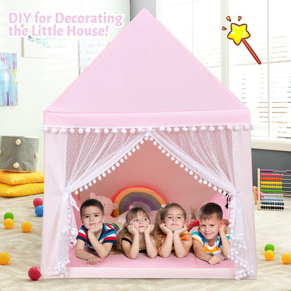 Kids Play Tent Wood Frame Large Playhouse Tents with Mat-Pink