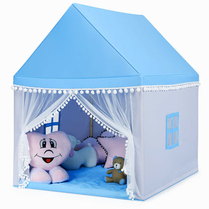 Kids Play Tent Wood Frame Large Playhouse Tents with Mat-Blue