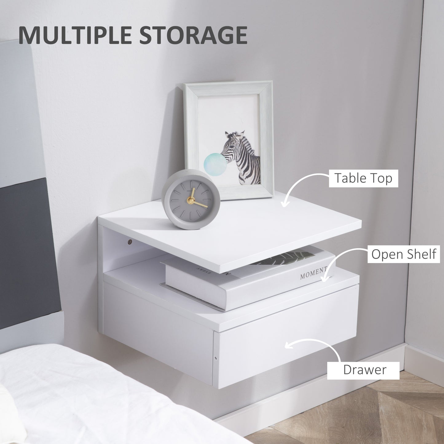 HOMCOM Floating Bedside Cabinet with Drawer and Open Shelf, Wall Mounted Nightstands, Bedside Table with Storage for Bedroom