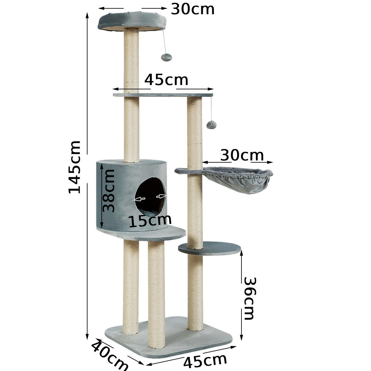 144cm Multilevel Cat Tree Kitten Climbing Tower-Grey