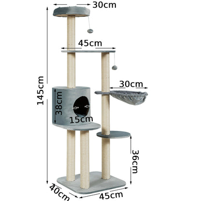 144cm Multilevel Cat Tree Kitten Climbing Tower-Grey