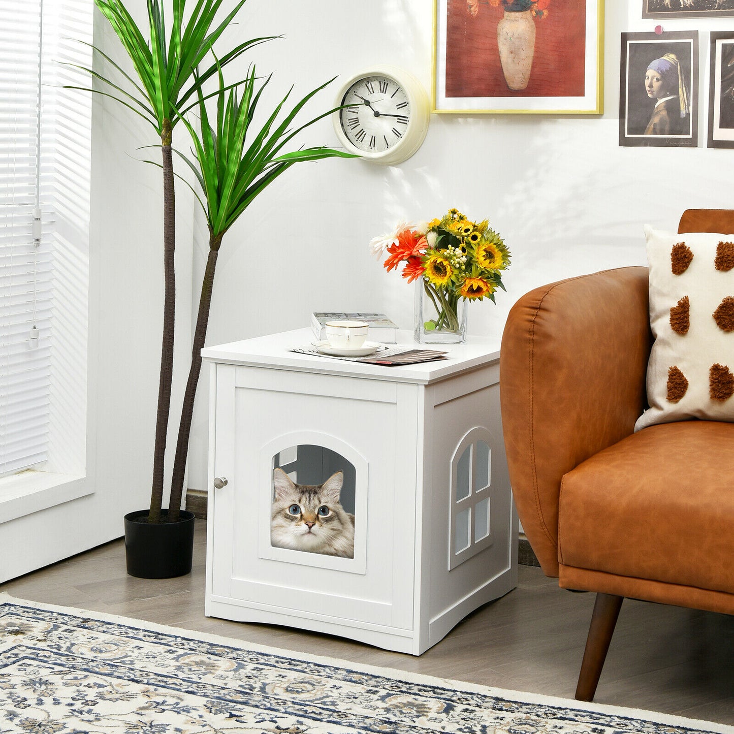 Decorative Cat House Side Table with Window-White