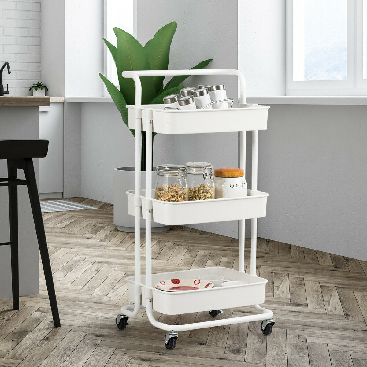 3 Tiers Roller Kitchen Bathroom Storage Rack-White