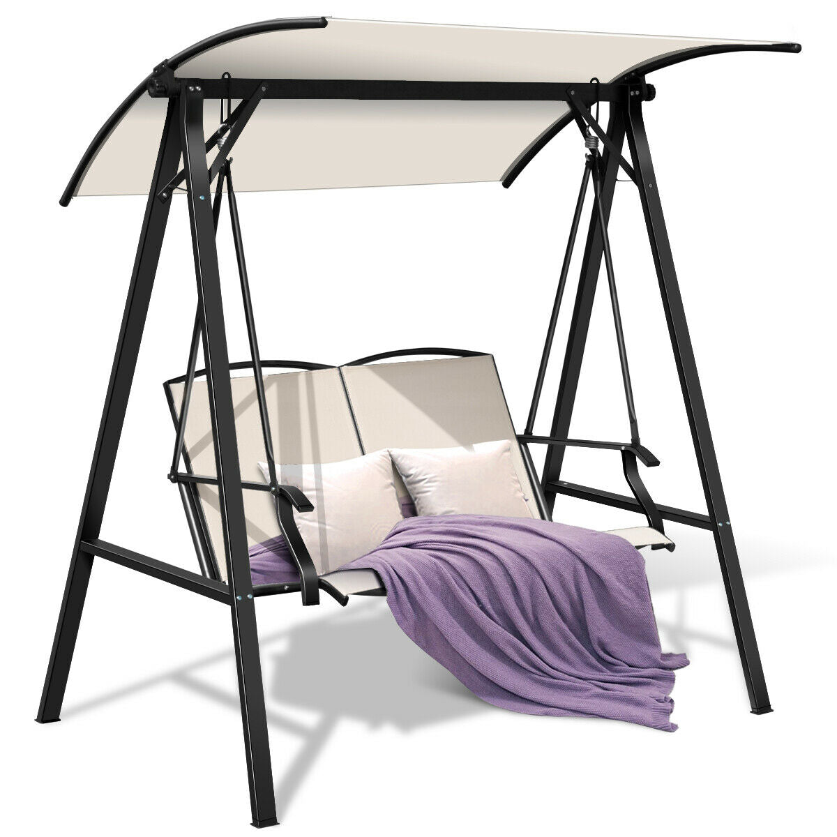 Outdoor Garden Swing Seat with Adjustable Canopy-Beige