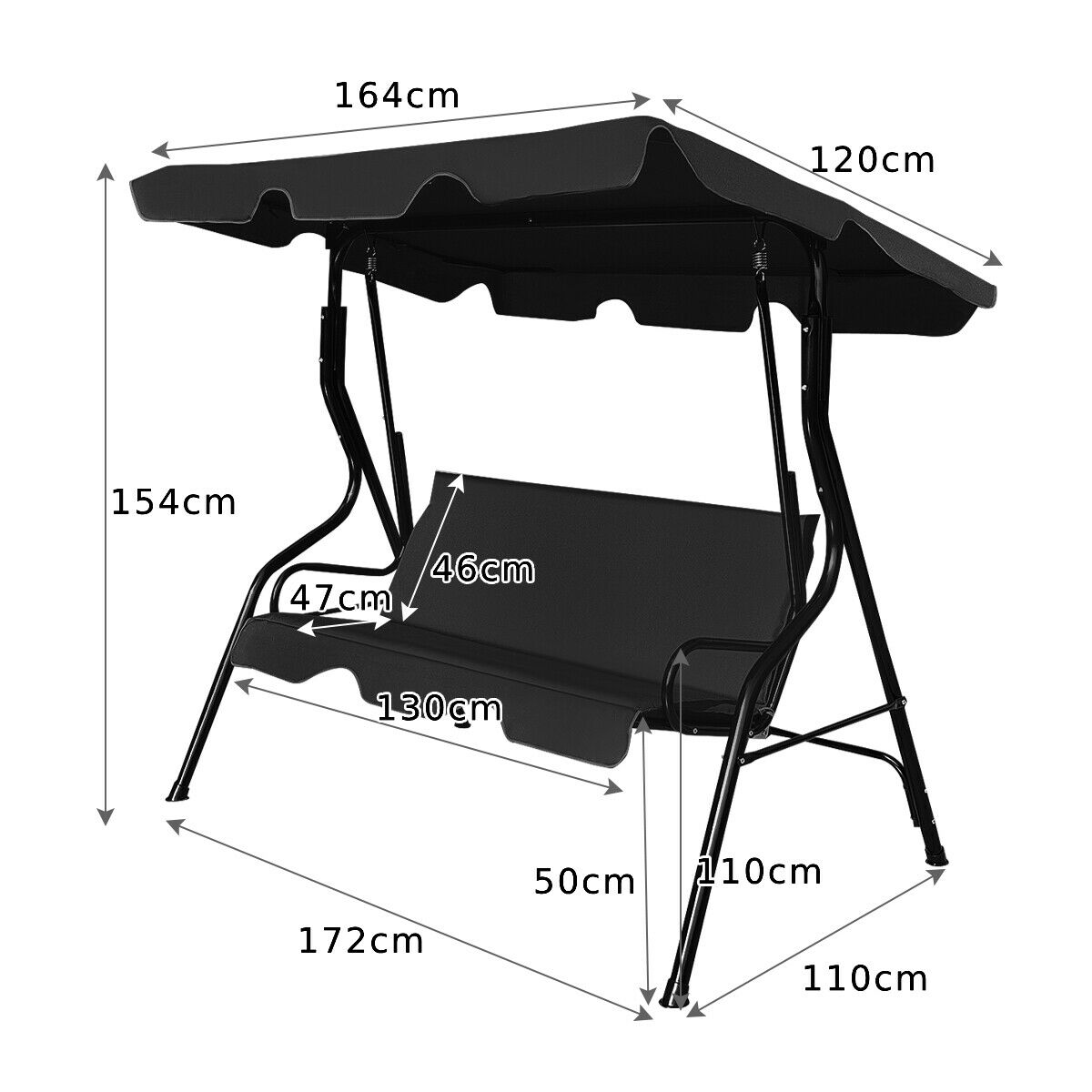 Garden Patio Metal Swing 3 Seater Lounger-Black