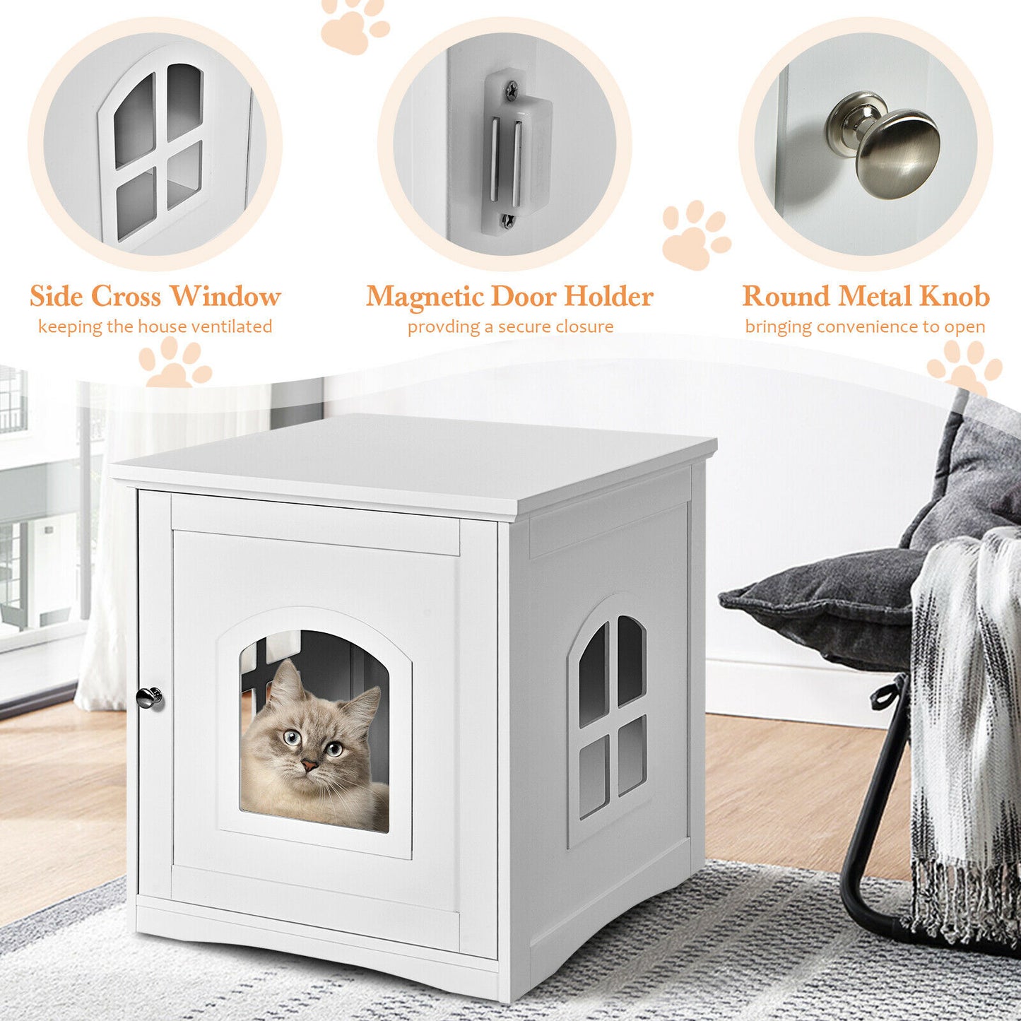 Decorative Cat House Side Table with Window-White