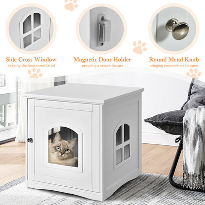 Decorative Cat House Side Table with Window-White