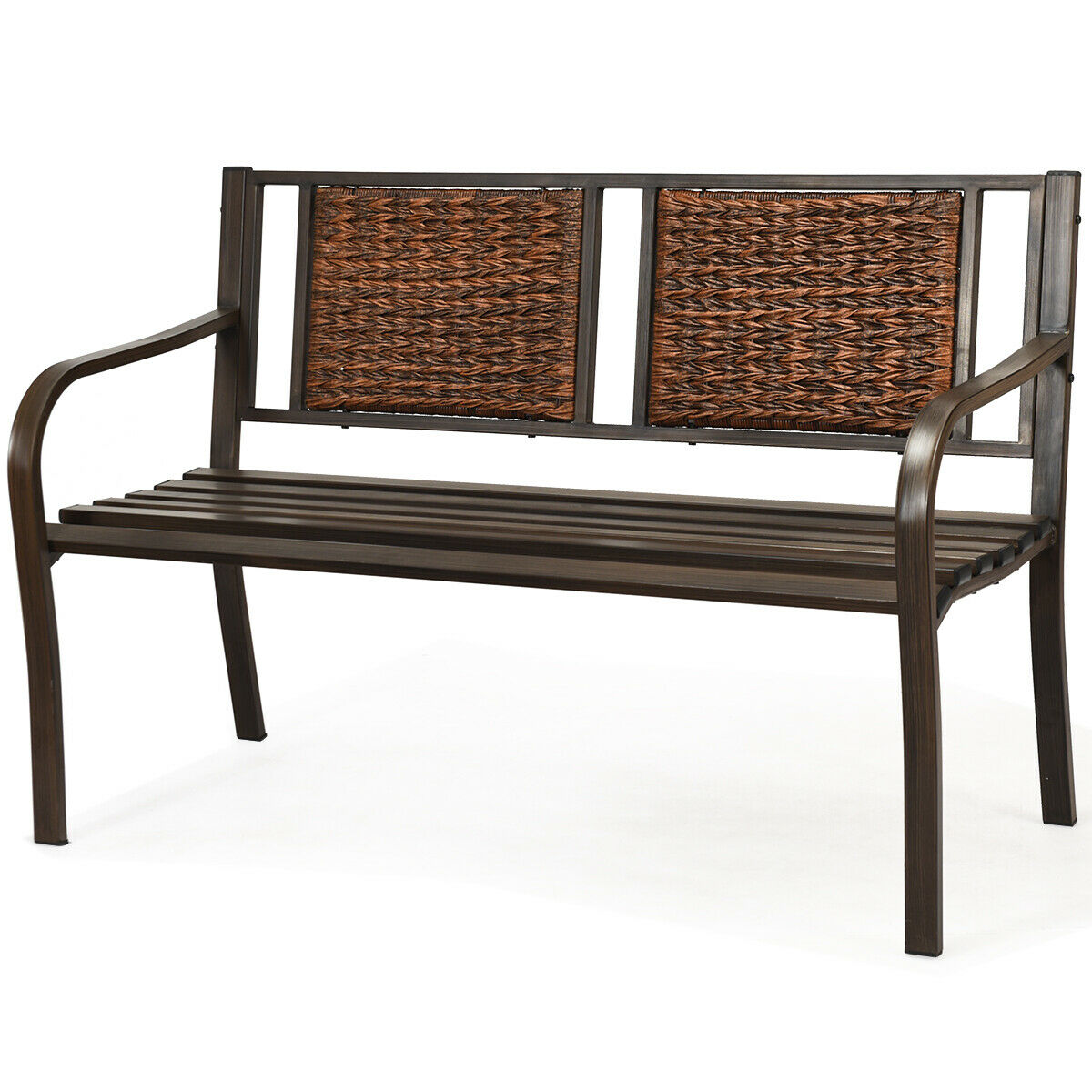 Metal Garden Bench with Rattan Styling Backrest