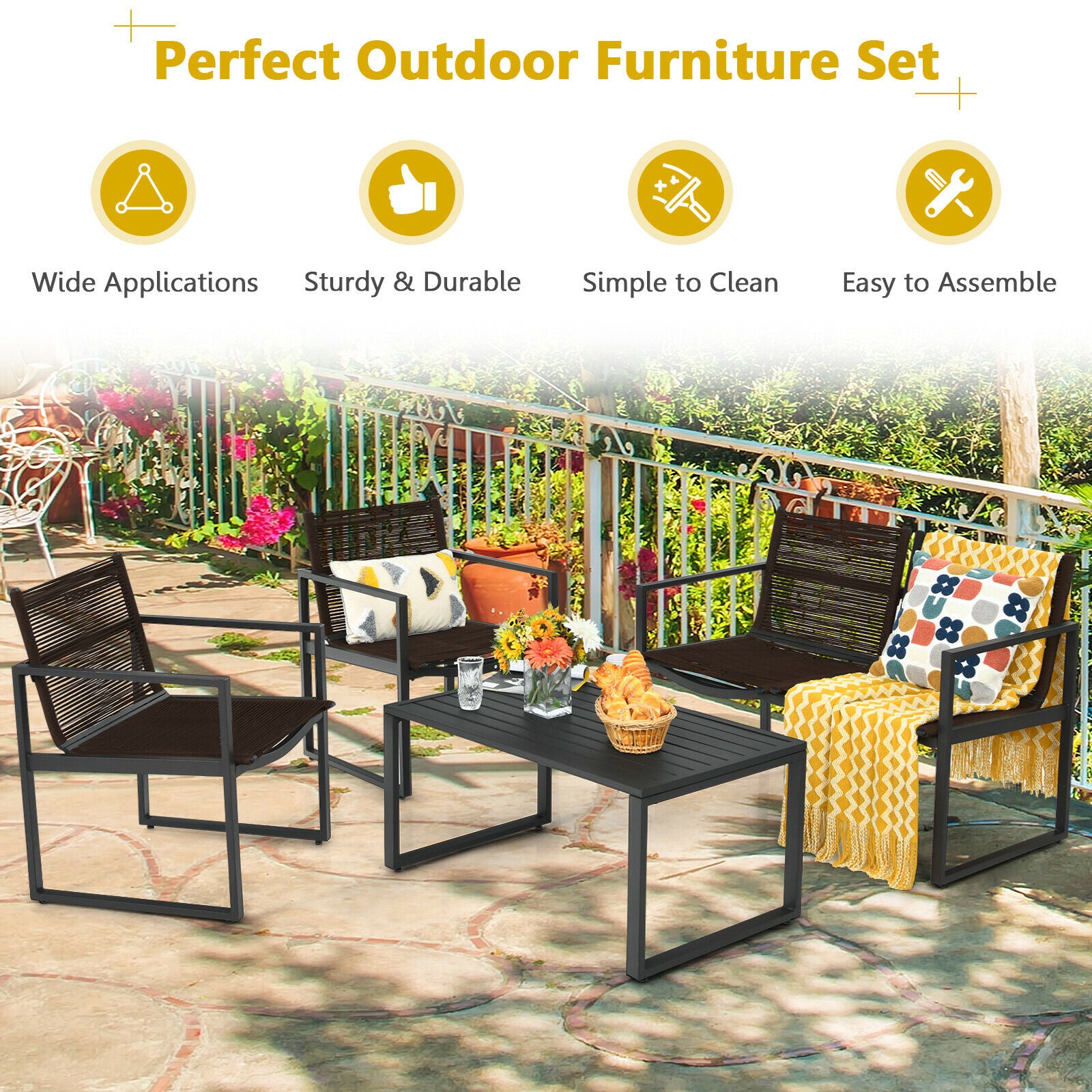 4 Piece Patio Furniture Set with Loveseat Single Chairs and Table