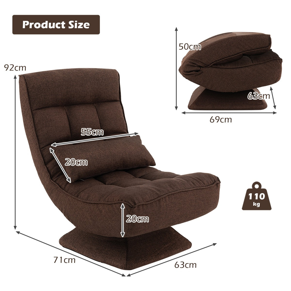 4-Position Adjustable Floor Chair with Swivel Base-Brown