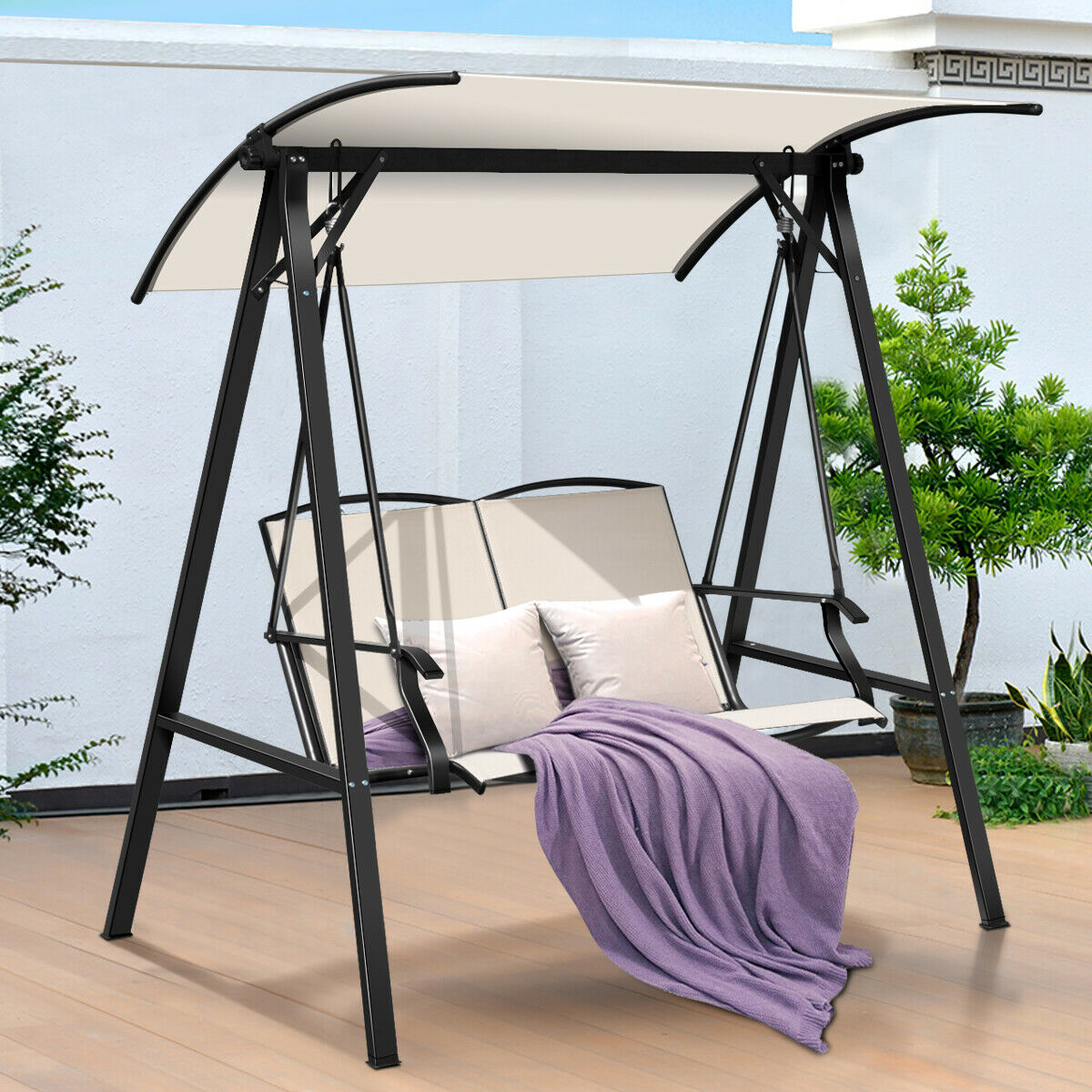 Outdoor Garden Swing Seat with Adjustable Canopy-Beige