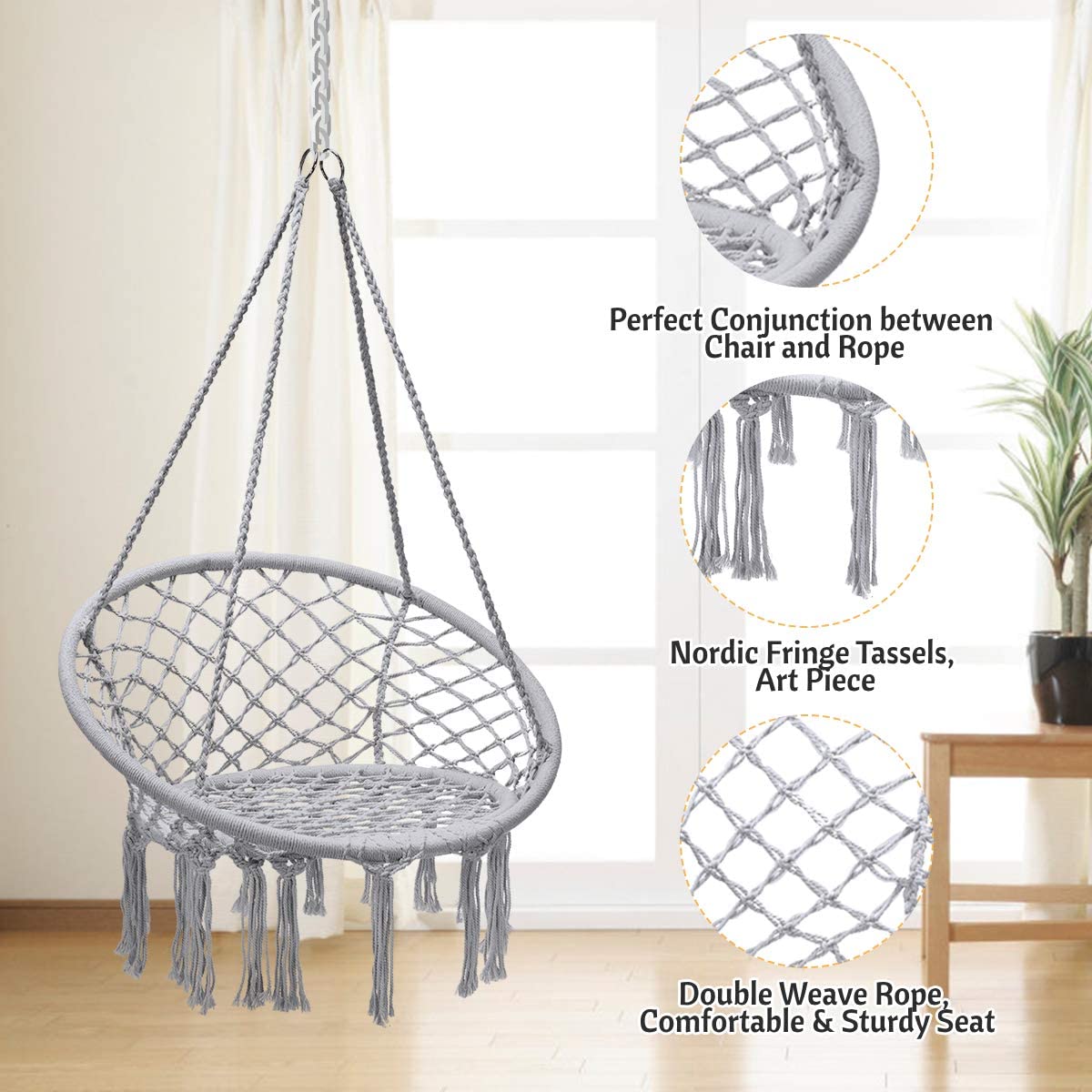 Hammock Swing Chair with Metal Rings (Stand not Included)-Grey