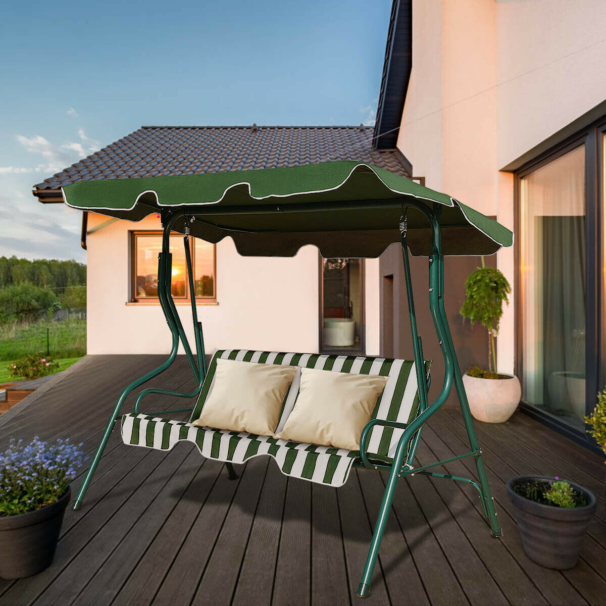 Garden Patio Metal Swing 3 Seater Lounger-Green