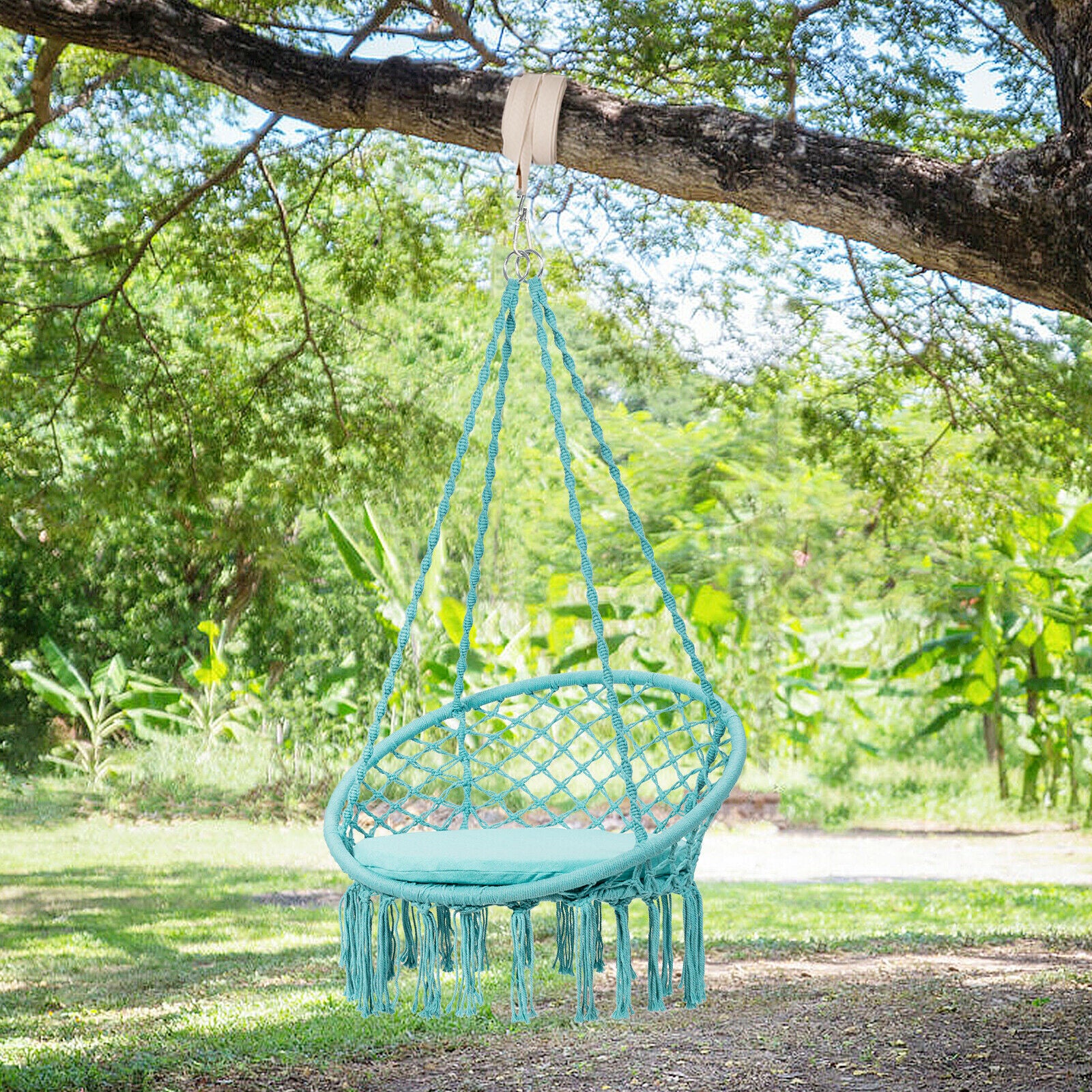 Macrame Hammock Swing Seat with Cushion (frame not included)-Turquoise