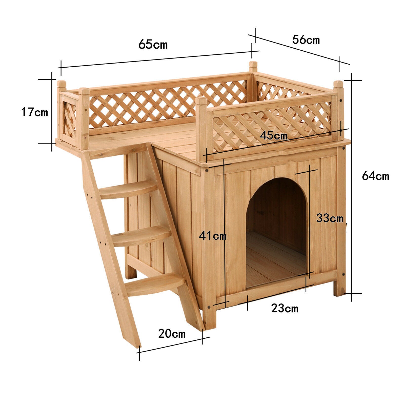 Wooden Dog / Cat House with Raised Roof Balcony & Ladder