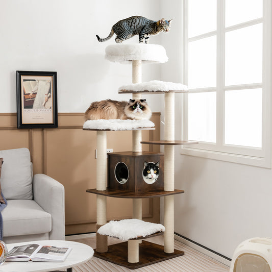 179 cm Tall Wooden Cat Tree with Sisal Scratching Posts-Brown