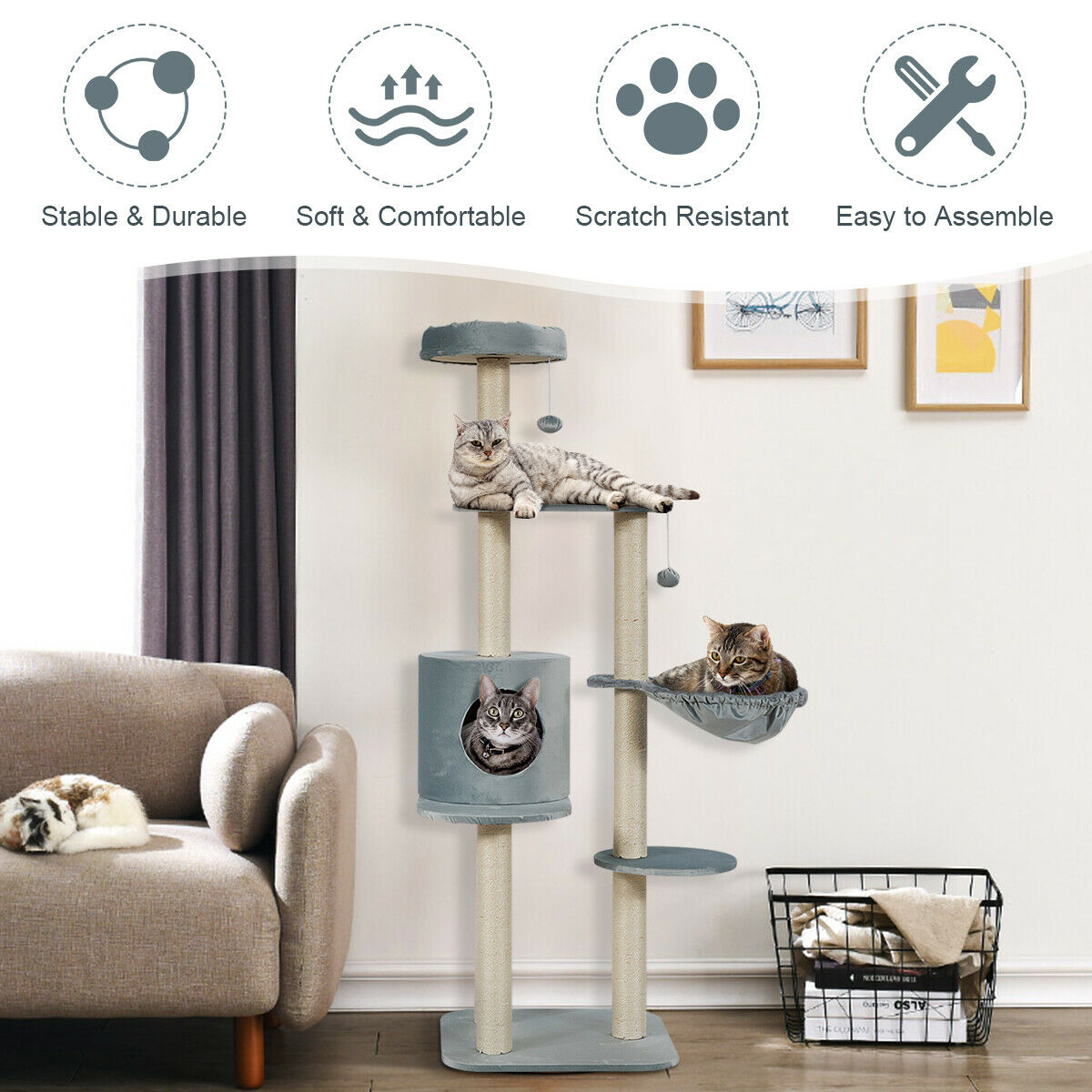 144cm Multilevel Cat Tree Kitten Climbing Tower-Grey