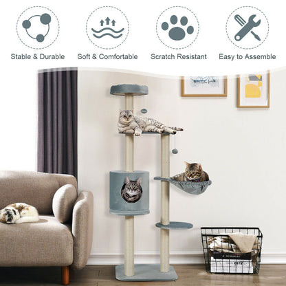 144cm Multilevel Cat Tree Kitten Climbing Tower-Grey