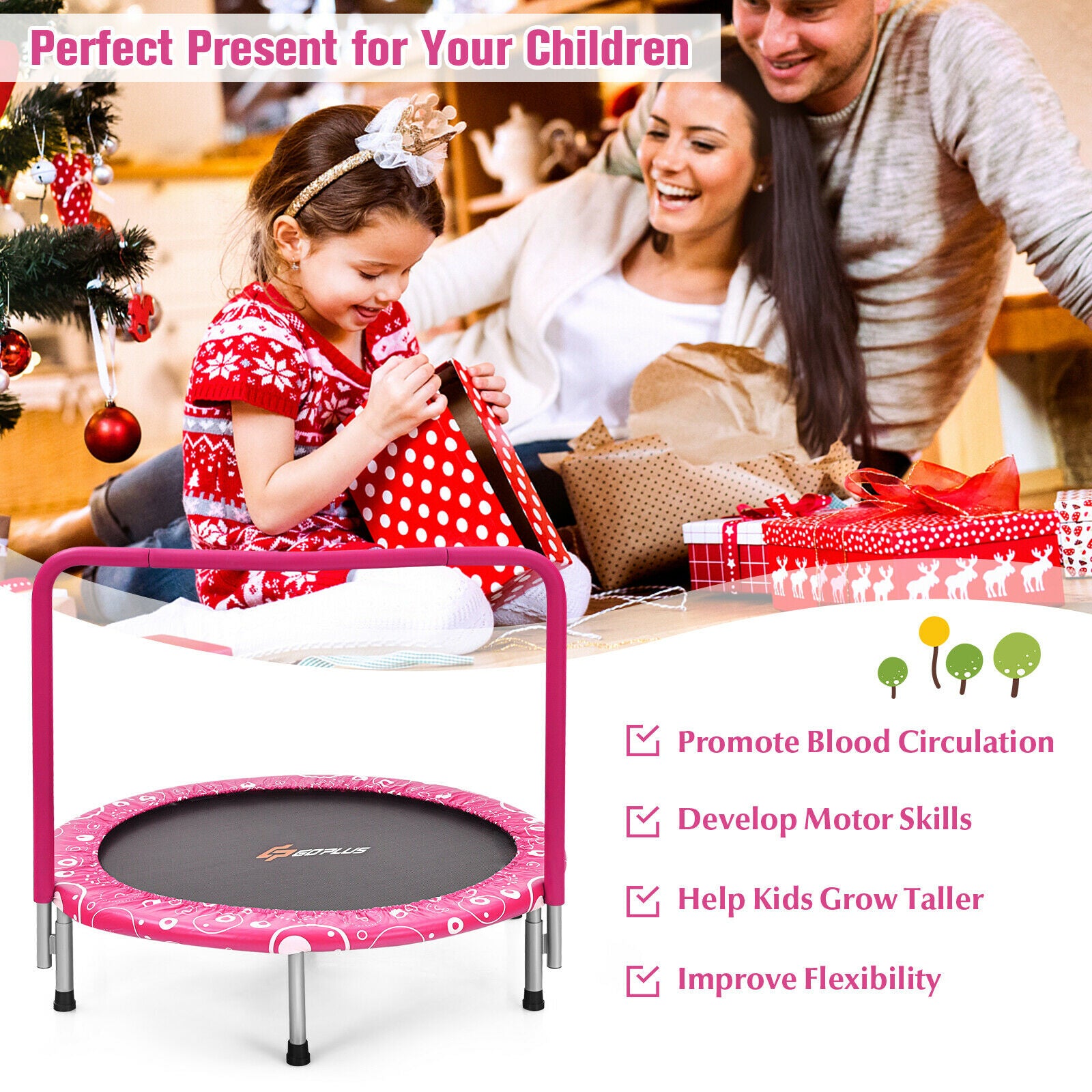 Child's Folding Trampoline with Padded Edge Cover and Full Covered Handle-Pink