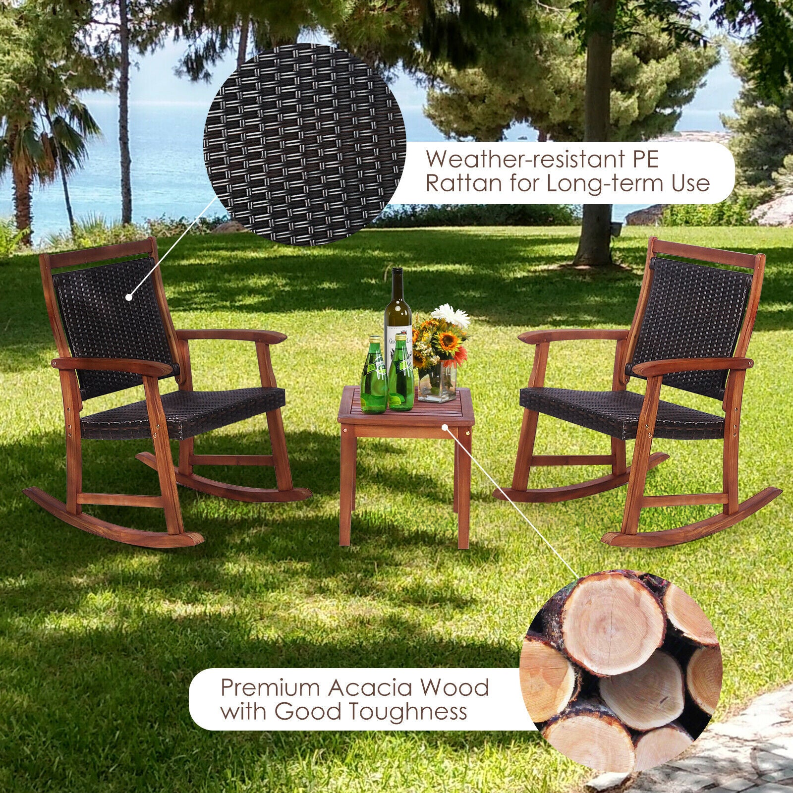 3 Piece Rattan Rocking Chair Set for Outdoor