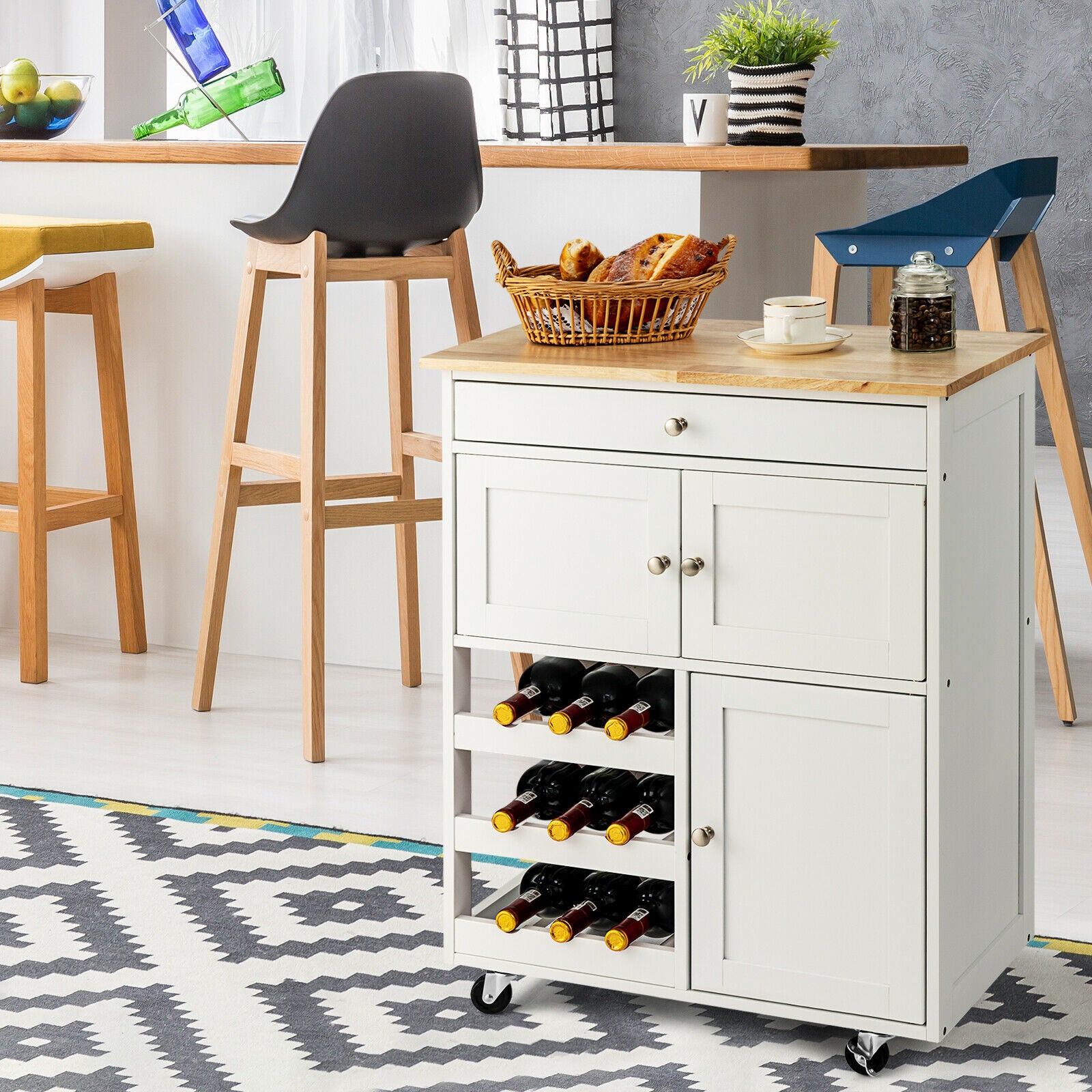 Rolling Kitchen Cart with 3 Tier Wine Racks and Cupboards-White