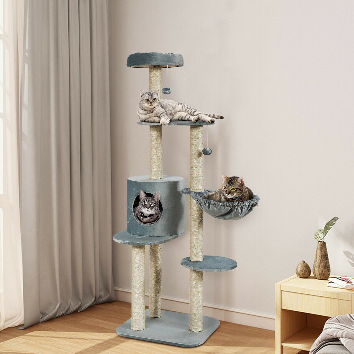 144cm Multilevel Cat Tree Kitten Climbing Tower-Grey