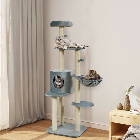 144cm Multilevel Cat Tree Kitten Climbing Tower-Grey