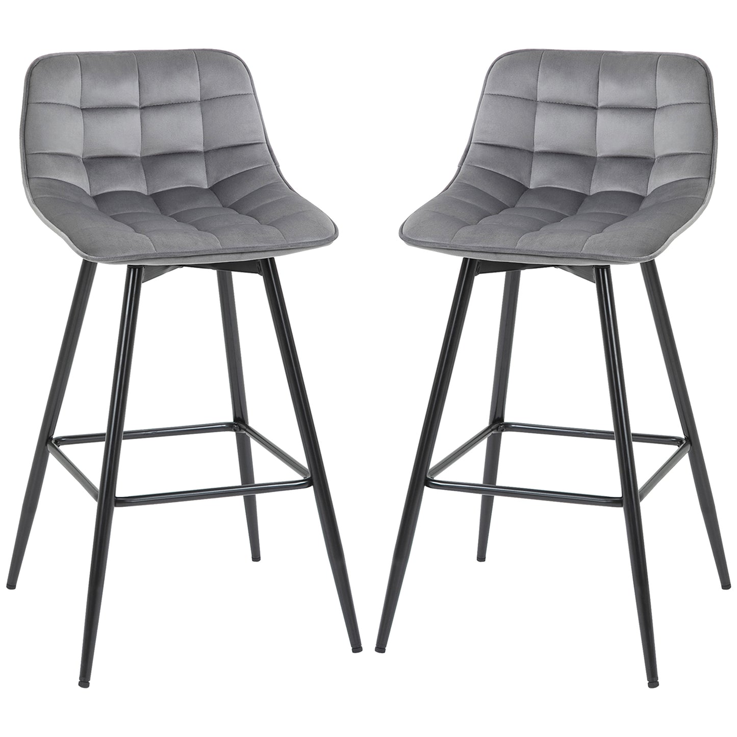 HOMCOM Set of 2 Bar stools With Backs Velvet-Touch Dining Chairs Kitchen Counter Chairs  Fabric Upholstered seat with Metal Legs, Backrest, Grey